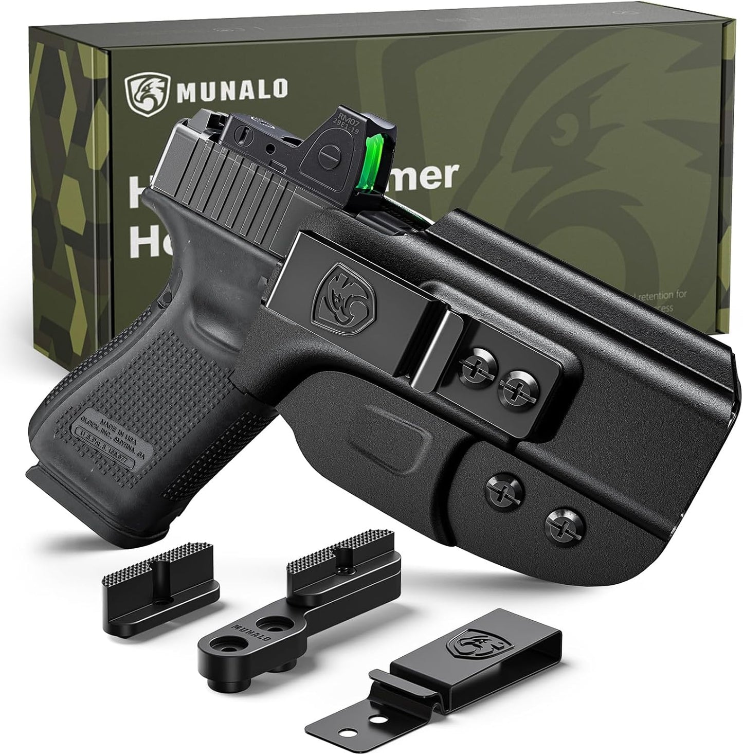 MUNALO Hybrid Holster Concealed Carry Compatible with Glock 19 (Gen 3/4/5), 19X, 44, 45, 23, 32 - IWB Holster with Concealment Claw Ideal for Appendix Inside Waistband