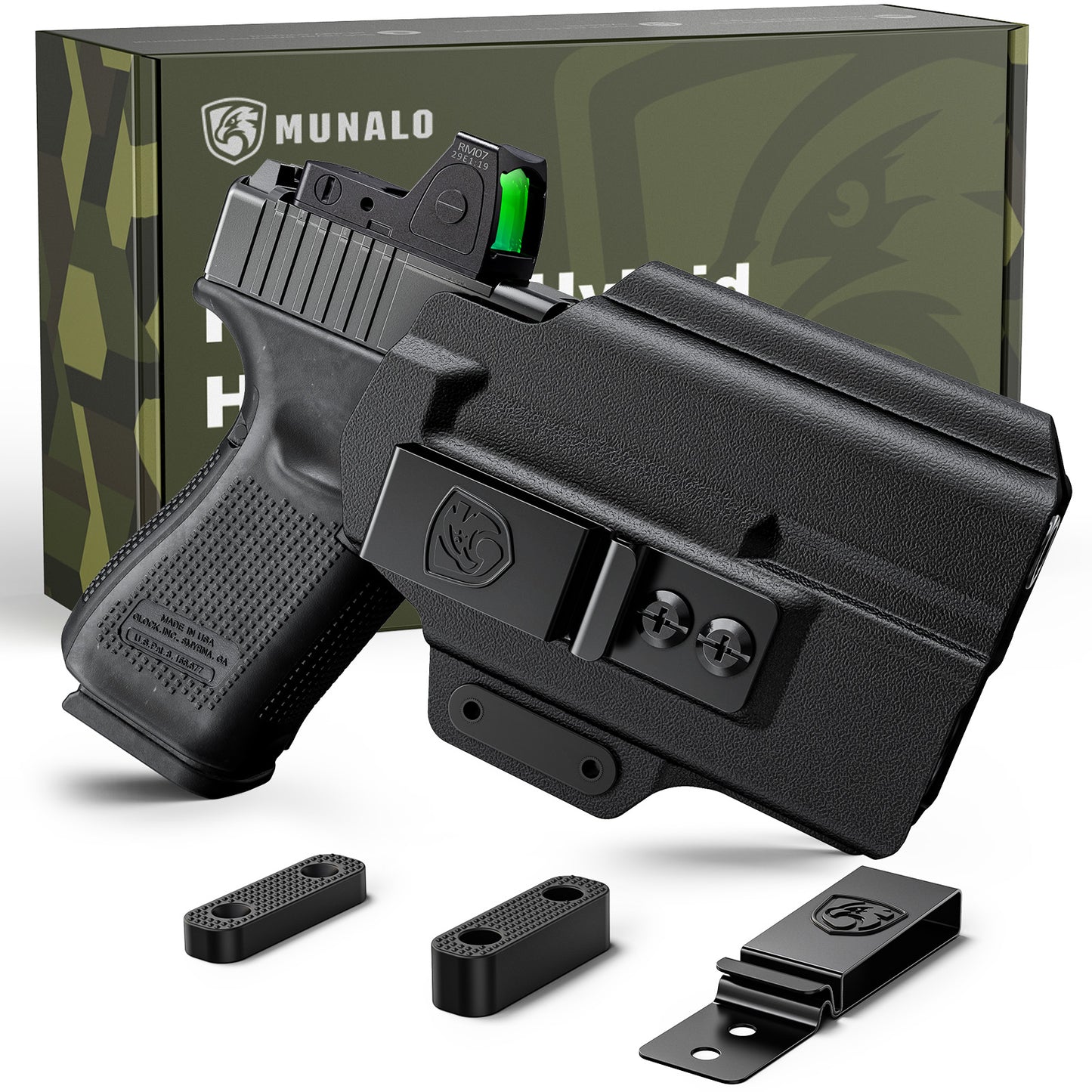 MUNALO IWB Holster Compatible with Glock 19 (Gen 3/4/5) with Flashlight, 19X, 44, 45, 23, 32 with Light Concealed Carry Holster with Concealment Claw Ideal for Appendix Inside Waistband
