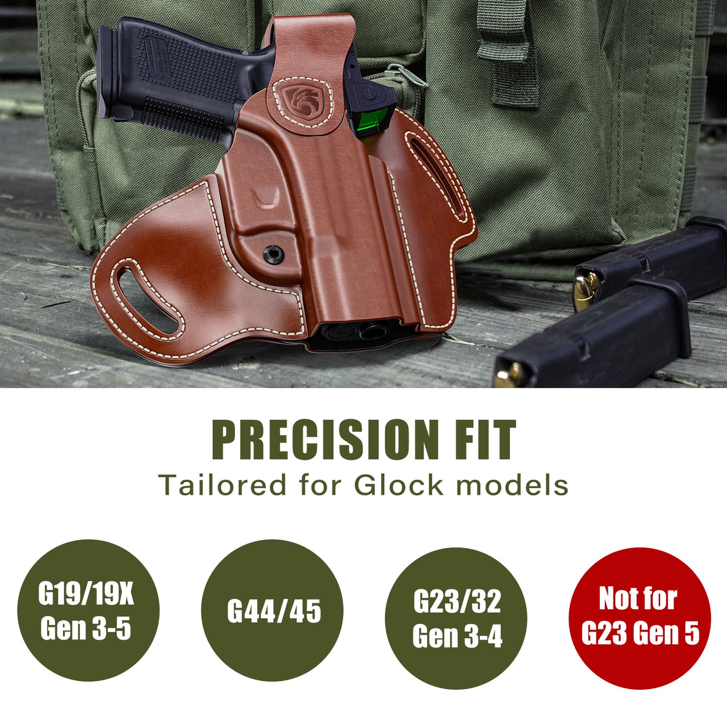 OWB Holster Compatible with Glock 19, 19X, 23, 32, 44, 45 – Outside Waistband Hip Carry Leather Holster, Right-Handed
