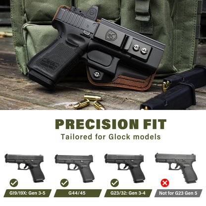 G19 Holster - Compatible with Glock 19/19X (Gen 3-5) Glock 44/45 Glock 23/32 (Gen 3-4) - IWB Holster - Inside Waist Concealed Carry Accessories - Kydex and Leather Hybrid by MUNALO