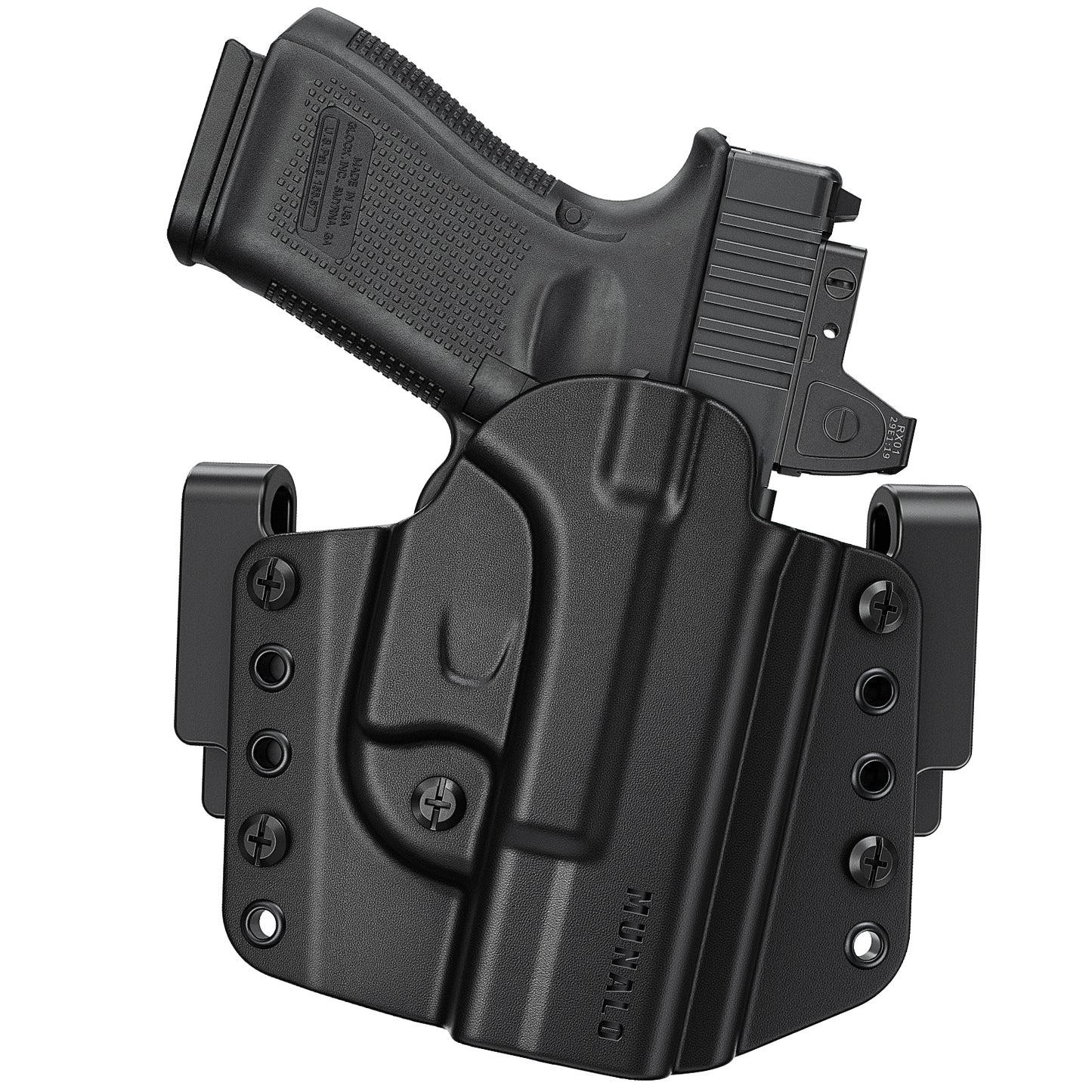 MUANLO OWB Holster Compatible with Glock 19, 19X, 23, 32, 44, 45 - Outside Waistband Paddle, Pancake & Belt Loop Carry, Polymer & Leather Hybrid with Optic Cut, Right-Hand Draw