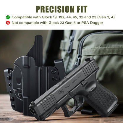 MUANLO OWB Holster Compatible with Glock 19, 19X, 23, 32, 44, 45 - Outside Waistband Paddle, Pancake & Belt Loop Carry, Polymer & Leather Hybrid with Optic Cut, Right-Hand Draw