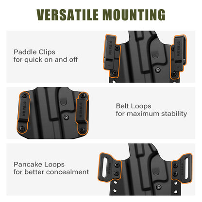 MUANLO OWB Holster Compatible with Glock 19, 19X, 23, 32, 44, 45 - Outside Waistband Paddle, Pancake & Belt Loop Carry, Polymer & Leather Hybrid with Optic Cut, Right-Hand Draw