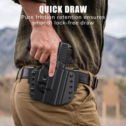 MUANLO OWB Holster Compatible with Glock 19, 19X, 23, 32, 44, 45 - Outside Waistband Paddle, Pancake & Belt Loop Carry, Polymer & Leather Hybrid with Optic Cut, Right-Hand Draw