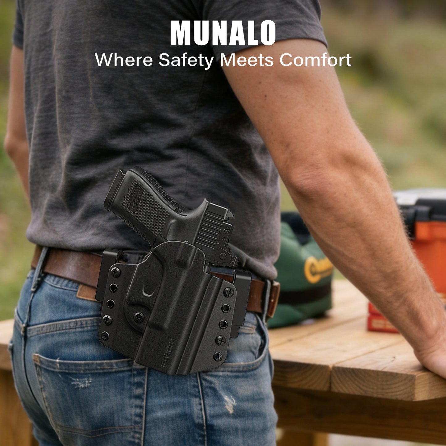 MUANLO OWB Holster Compatible with Glock 19, 19X, 23, 32, 44, 45 - Outside Waistband Paddle, Pancake & Belt Loop Carry, Polymer & Leather Hybrid with Optic Cut, Right-Hand Draw