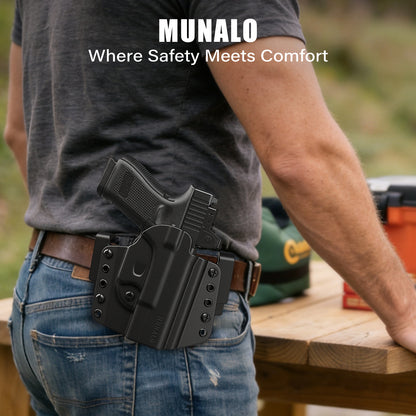 MUANLO OWB Holster Compatible with Glock 19, 19X, 23, 32, 44, 45 - Outside Waistband Paddle, Pancake & Belt Loop Carry, Polymer & Leather Hybrid with Optic Cut, Right-Hand Draw