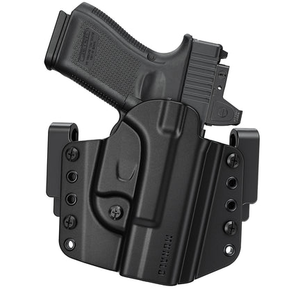 MUANLO OWB Holster Compatible with Glock 19, 19X, 23, 32, 44, 45 - Outside Waistband Paddle, Pancake & Belt Loop Carry, Polymer & Leather Hybrid with Optic Cut, Right-Hand Draw