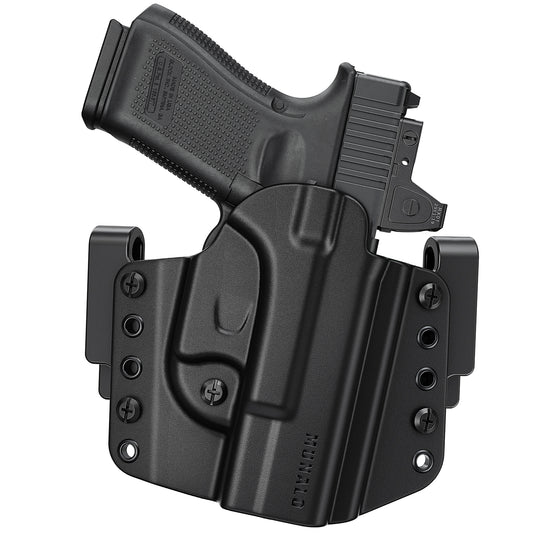 MUANLO OWB Holster Compatible with Glock 19, 19X, 23, 32, 44, 45 - Outside Waistband Paddle, Pancake & Belt Loop Carry, Polymer & Leather Hybrid with Optic Cut, Right-Hand Draw