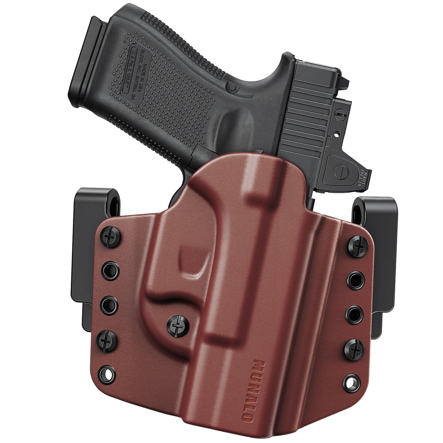 MUANLO OWB Holster Compatible with Glock 19, 19X, 23, 32, 44, 45 - Outside Waistband Paddle, Pancake & Belt Loop Carry, Polymer & Leather Hybrid with Optic Cut, Right-Hand Draw