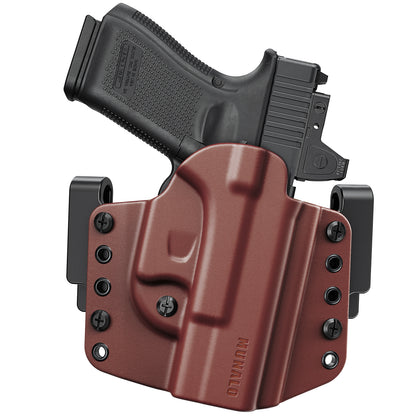 MUANLO OWB Holster Compatible with Glock 19, 19X, 23, 32, 44, 45 - Outside Waistband Paddle, Pancake & Belt Loop Carry, Polymer & Leather Hybrid with Optic Cut, Right-Hand Draw